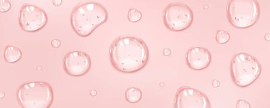 Realistic serum drops on pink surface background. Vector illustration of 3d liquid blobs with gel, oil, collagen, jelly, water texture and glossy surface. Cosmetic beauty care product with hyaluron