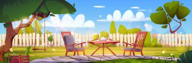 Breakfast on house backyard with table and chair on green grass, tree swing. Cartoon vector illustration of summer patio furniture outdoor. Countryside exterior design in the sunny morning weekend. clipart