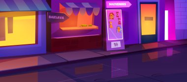 Gece şehri manzarası hediyelik eşyalar ve baklava dükkanı vektör karikatür arka planından gelen neon ışığı. Kaldırıma yakın kimsesi olmayan bir Arap pazarı. Akşam yiyecek pazarı bölgesiyle boş şehir manzarası.