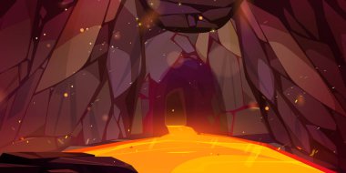 Cave with molten lava and spark game fantasy background. Cartoon vector hell scene with flow of orange volcanic magma. Wallpaper with dark underground mystery tunnel hole entrance in mountain.