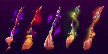 Cartoon set of witch broomsticks isolated on dark background. Vector illustration of magic flight transport with wooden handle glowing with neon colors, sparkles. Witchcraft accessory. Halloween item