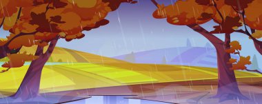 Autumn rainy landscape with farm fields, forest and river. Rural fall scene, countryside with trees with orange foliage, yellow fields, puddle and road, vector cartoon illustration