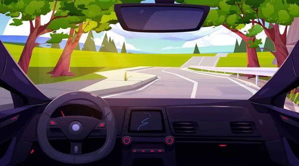 Car Drive Road View Vehicle Interior Steering Wheel Dashboard Gps — Vetor de Stock