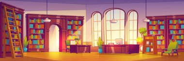 Cartoon library interior with many books. Vector contemporary illustration of literature on bookshelves in large room, wooden ladder, desk and armchair with computer and lamp. Reading hobby, education