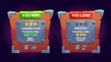 Win and lose ui game screen design, wooden winner panel with score and steel buttons. Cartoon mobile app popup menu template for level progress and congratulations. Player award asset kit.