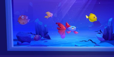 Underwater marine illustration with fish in aquarium cartoon game background. Deep under sea scene landscape of nautical fauna with bubbles. Cute fish life adventure on seafloor sand.