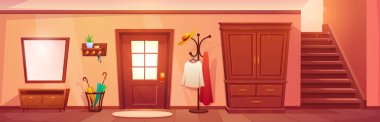Cartoon house hallway interior design. Vector illustration of room with wooden entrance door, mirror on wall, wardrobe, hanger for clothes, umbrella stand, rug on floor and stairs. Empty hall home