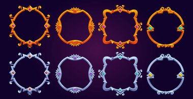 Set of fantasy round game frames isolated on background. Vector cartoon illustration of fancy medieval borders made of silver and gold, decorated with ornament and gems. Ui symbol of royal rank, level
