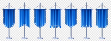Blank vertical medieval flag mockup for game design. Isolated 3d steel pole with blue pennon on transparent background. Royal or knight vintage pennant with silver border, various shapes, ragged edge