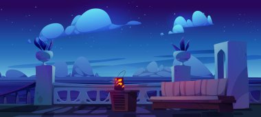 Sofa on terrace near sea night view cartoon background illustration. Mediterranean hotel balcony with ocean view on skyline. Empty panorama landscape from patio. Lounge design for vacation on coast.