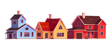 Vector modern building set for cottage village. House exterior icon in neighborhood isolated on white background. Various suburban townhouse collection with terrace and garage with brick wall.