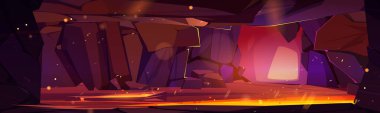 Cartoon cave with hot lava river. Vector illustration of landscape inside rocky mountain, flow of red and orange magma between stone walls with splashes and sparkles. Volcano interior game background