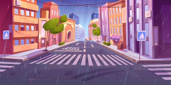 Rainy day in modern city downtown. Vector cartoon illustration of empty urban street with shop, museum and apartment buildings, business center, traffic signs at crossroads, trees and puddles on road