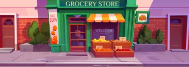 Grocery store front on morning city street. Vector cartoon illustration of open shop with large window and wooden door, boxes of fresh fruit and vegetables outside, sale announcement sign on facade clipart