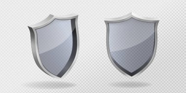 Realistic set of glass shields in metal frame front and side view isolated on transparent background. Vector illustration of protection sign png, symbol of antivirus, cyber and data security sign