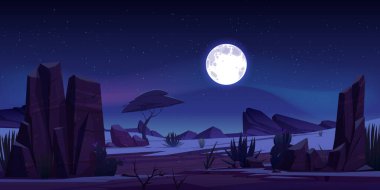 Wild Arizona night desert landscape with rock and full moon cartoon vector background. Dark American valley illustration with moonlight and cactus. Outdoor drought savannah nature horizon for game.