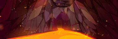 Hot lava river in dark cave. Vector cartoon illustration of underground landscape or rocky mountain interior with flow of red and orange magma between stone walls. Volcano adventure game background