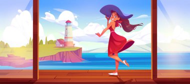 Girl on terrace with sea lighthouse view scene vector cartoon background. Ocean shore with cliff landscape. Female tourist in hotel on vacation. Peaceful rocky nature nautical horizon.
