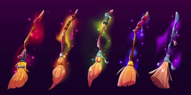 Witch brooms, magic broomsticks for Halloween decoration or witchcraft game. Flying besom with wooden stick, twigs and mystic glow, vector cartoon set isolated on background