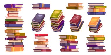 Kitaplar kütüphanede, okulda ya da kitapçıda okumak ve okumak için yığınla kitap. Eğitim edebiyatı, sözlükler, renkli kapaklı hikayeler, vektör gerçekçi illüstrasyon