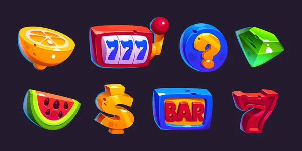 Set Casino Cartoon Slot Machine Icon Cartoon Gambling Game Element — Vettoriale Stock