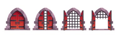 Medieval castle gates open animation cartoon vector asset. Set of old wooden gate entrance to dungeon with stone arch. Fantasy game portal. Heavy isolated entry to fortification on white background