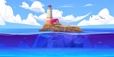Cartoon vector sea landscape background with lighthouse on island. Illustration with house on rocky coast in ocean, underwater view. Beacon and building on harbor. Beautiful panoramic seascape.