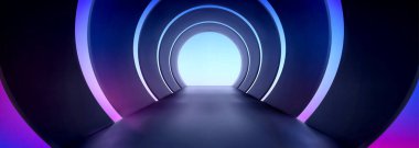 Realistic abstract tunnel with light at end. Vector illustration of futuristic neon blue and purple illuminated arches, long corridor or stage perspective. Spacecraft interior. Fashion show catwalk
