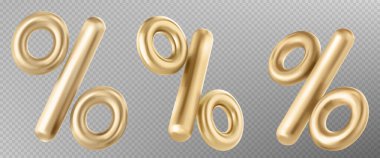 3d gold chrome percent symbol for black friday sale background. Vector percentage icon for discount calculation or infographic on transparent background. Realistic font png for card design.