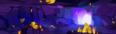 Mountain cave interior with gold deposits on ceiling, walls and floor. Vector cartoon illustration of dark underground mine with precious yellow stones. Treasure grotto background for adventure game