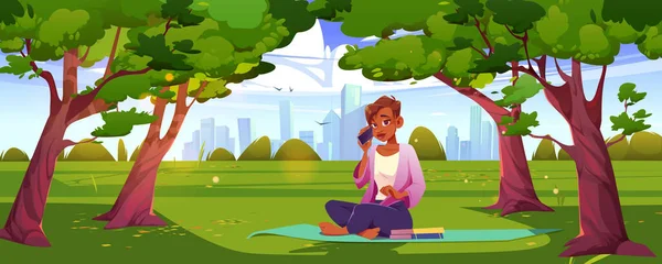 stock vector Cartoon vector background with girl sitting in park on yoga mat and talk on smartphone. Outdoor summer cityscape illustration. Woman hide from city in nature for remote work with phone.