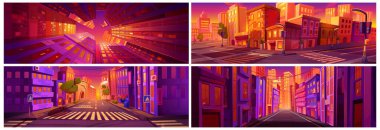 Cartoon city sunset vibrant game background vector set. Vibrant cityscape view with skyscraper and residential building. Bright urban town panorama perspective view with nobody in evening.