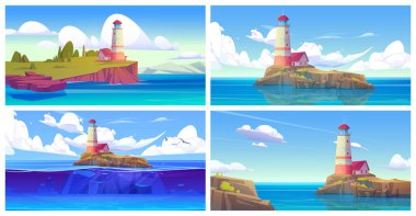 Cartoon set of seascape scenes with lighthouse on island. Vector illustration of nautical tower building on piece of rocky land with green trees and lawn under blue sky, white clouds, birds flying clipart