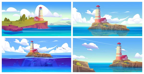 Cartoon Set Seascape Scenes Lighthouse Island Vector Illustration Nautical Tower — Stock Vector