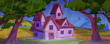 Cartoon rain weather vector background illustration. Dark blue sky, village scene with house and fields. Rainy season and wind in spring. Building in forest near farmland. Nature environment