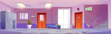 School hallway interior with classroom doors, lockers, staircase and window. Empty dirty university or college corridor with mess and trash on floor, vector cartoon illustration