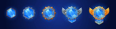 Game rank gem badge ui award achievement in vector. Cartoon level medal illustration. Isolated 3d fantasy medieval jewelry amulet with wings to show progress and win rating in bronze, silver and gold.