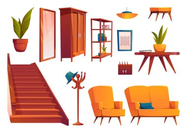 Living room hall vector interior furniture cartoon set. Isolated staircase, coffee table, armchair and sofa on white background to construct own hallway. Big closet and pouf for hotel apartment