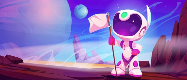 Astronaut Flag Moon Planet Outer Space View Cute Spaceman Suit — 스톡 벡터