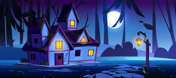 Ведьмин Домик Лесу Ночью Страшная Сцена Игры Баннера Полнолуние Темный — стоковый вектор