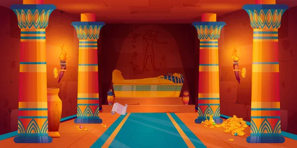 stock vector Egyptian pharaoh tomb inside. Ancient pyramid or palace with sarcophagus and treasure of piles of gold coins. Old Egypt temple interior with mummy tomb, vector cartoon illustration