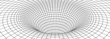Kara delik, solucan deliği ızgarası. Uzay warp, tünel ya da portal hattı. Optik illüzyonun soyut geometrik arka planı, girdap veya huni, vektör çizgisi çizimi