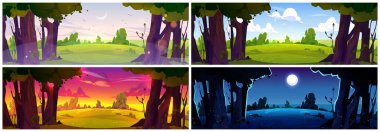 Night, day, morning and evening landscape. Summer countryside with forest, trees and fields with green grass at different time of day, vector cartoon illustrations set