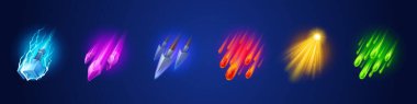 Cartoon set of game skill symbols isolated on dark background. Vector illustration of hammer, magic gemstones, sharp arrows, burning asteroids, bright light flash flying fast. Fantasy clash attack