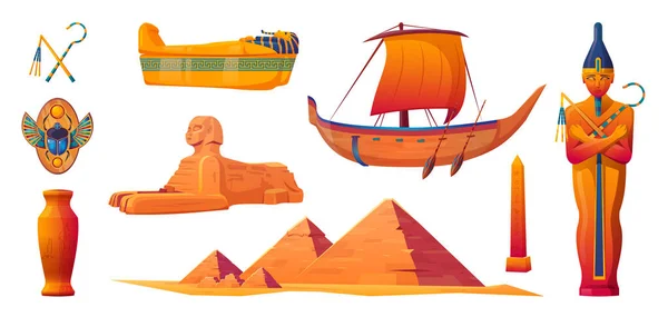 Egypt Temple Pharaoh Sarcophagus Cartoon Vector Set Scarab Sarcophagus Boat —  Vetores de Stock
