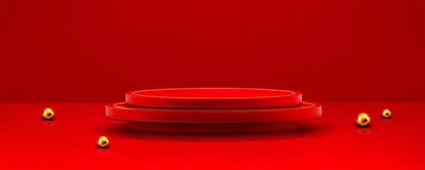 Фон Червоним Подіумом Кругла Платформа Порожній Студійний Стенд Відображення Продукту — стоковий вектор
