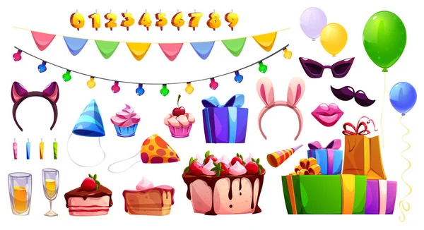 誕生日パーティー要素 ケーキ キャンドル ギフトボックス お祝いの装飾 カップケーキ カーニバルの帽子とヘッドバンド ガーランドとフラグのアイコン ベクトル漫画セット — ストックベクタ