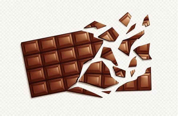 Realistic Broken Chocolate Bar Transparent Background Top View Scattered Divided —  Vetores de Stock