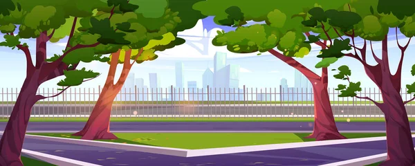 夏の都市公園の風景の背景 道路と漫画ベクトルスカイラインシーン 緑の木々 アスファルトの歩行パスと都市の風景イラスト 近代建築の展望 フェンス — ストックベクタ