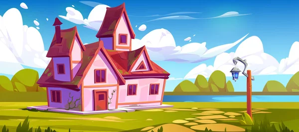 Rosa Bauernhaus Auf Waldlichtung Der Nähe Des Sees Vektor Cartoon — Stockvektor